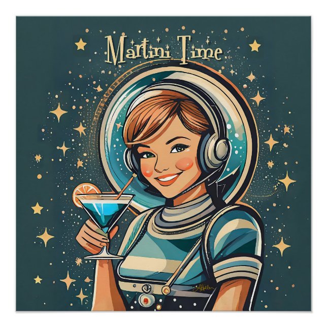 Poster Rétro Futuriste Astro Fille Martini Time (Devant)