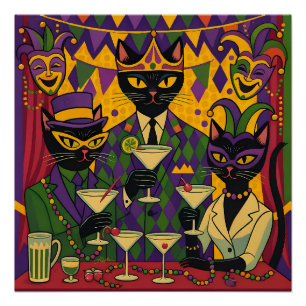 Poster Retro Futuriste Mardi Gras Martini Club du Chat No