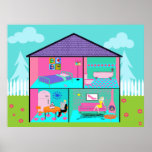 Poster Rétro Living Dollhouse<br><div class="desc">Cette affiche rétro Living Dollhouse ajoutera une touche de fantaisie à la chambre d'une fille. Le dessin est composé d'un dessin d'une maison de poupée classique pour enfants. La maison de poupées de deux étages montre l'idée de glamour de chaque petite fille. Murs et sol rose et turquoise dans la...</div>