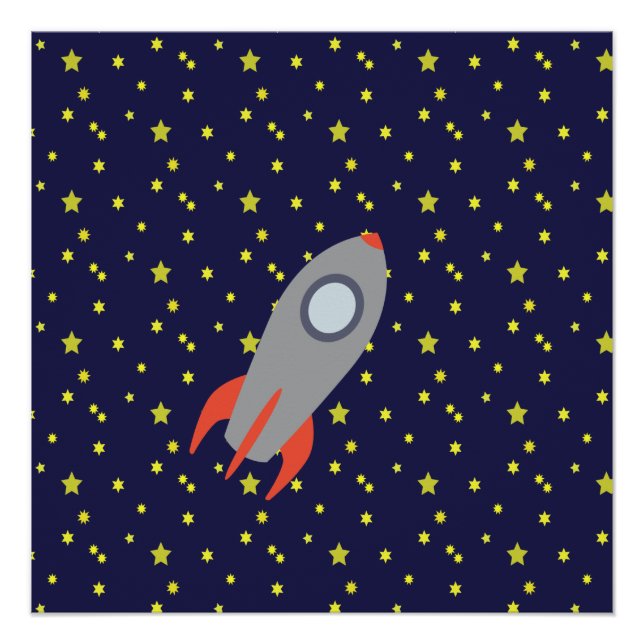 Poster Retro Rocket Ship avec Arrière - plan Motif étoile (Devant)