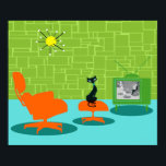 Poster Rétro Space Age Kitty<br><div class="desc">On dit que les chiens ont des propriétaires et les chats ont du personnel. Le félin sur cette affiche rétro Space Age Kitty ne pouvait pas être d'accord plus! Décoré dans un style minimaliste des années 1960, cet établissement propose un chat noir élégant dans un salon moderne du milieu du...</div>