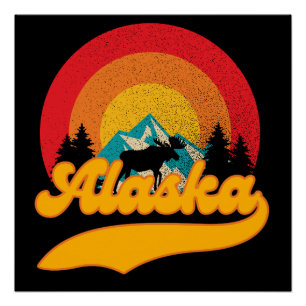 Poster Retro Sunset Alaska Juneau Moose 0Montagnes Wild