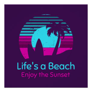 Poster Retro Sunset Surfboard Palm Tree Life's a Beach