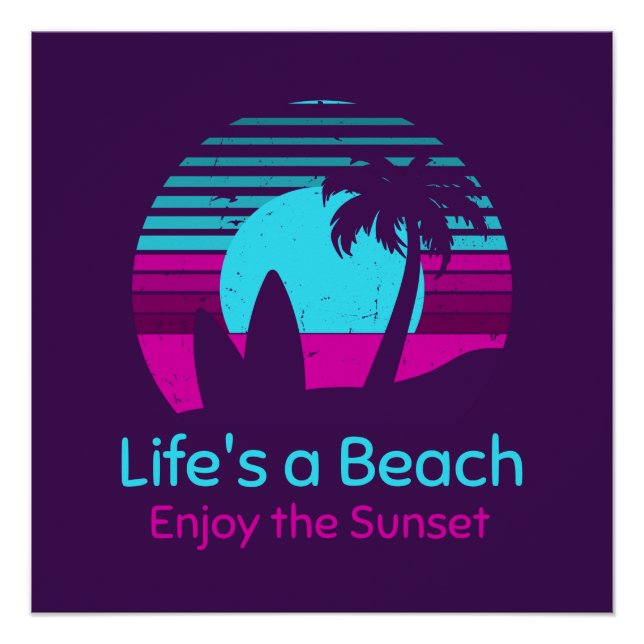 Poster Retro Sunset Surfboard Palm Tree Life's a Beach (Devant)
