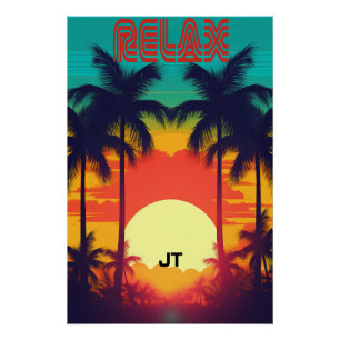 Poster Retro Sunset Tropical 80s Style brillant