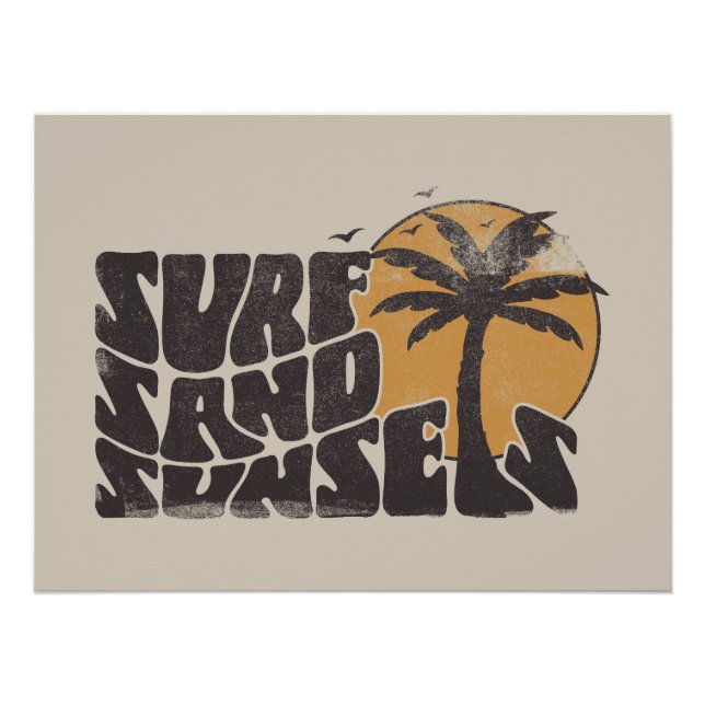 Poster Retro Surf Sand Sunsets Beach Life Palm Tree (Devant)