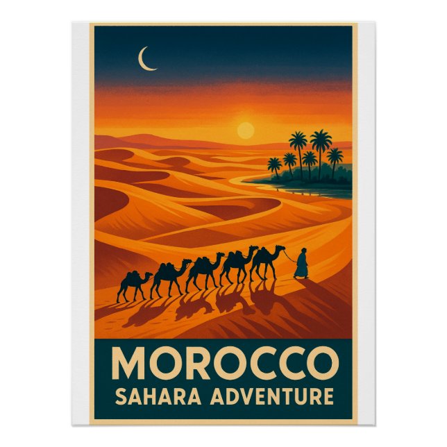Poster Retro Travel - Sahara Desert Sunset, Maroc (Devant)