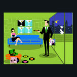 Poster rétro Urban Couple<br><div class="desc">Cette affiche rétro Urban Cartoon Couple Poster présente le dessin d'un appartement penthouse élégamment décoré, donnant sur une ligne d'horizon de la ville. L'appartement dispose d'un sol vert et d'un mur en briques vertes. Sur le mur, quatre classiques Movie Martini Stretched Canvas Prints, également disponibles au magasin Zazzle de StrangeLittleOnion...</div>