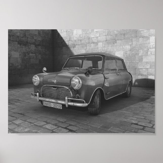 Poster rétro vintage Mini Cooper noir et blanc (Devant)