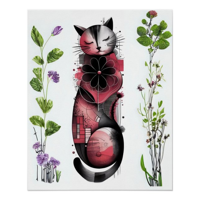 Poster Rêves botaniques et Whiskers - Chat Abstrait (Devant)