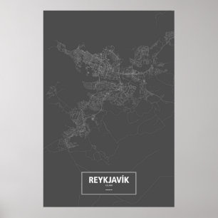 Poster Reykjavik, Islande (blanc sur noir)