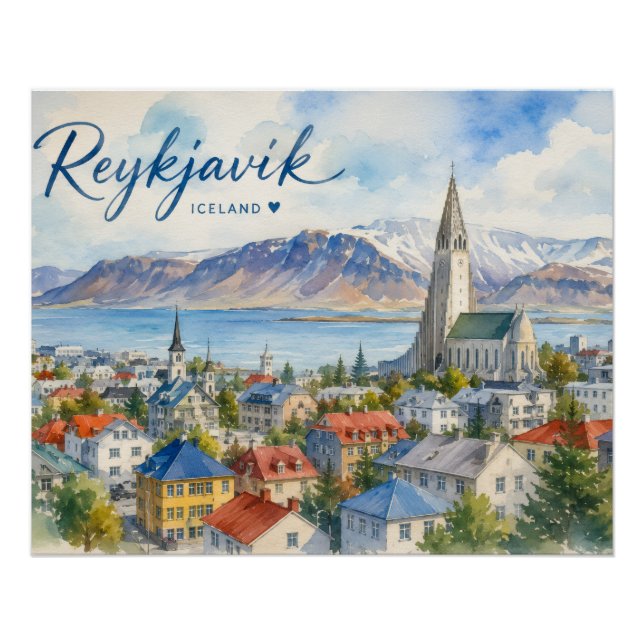 Poster Reykjavik Islande souvenir aquarelle  (Devant)
