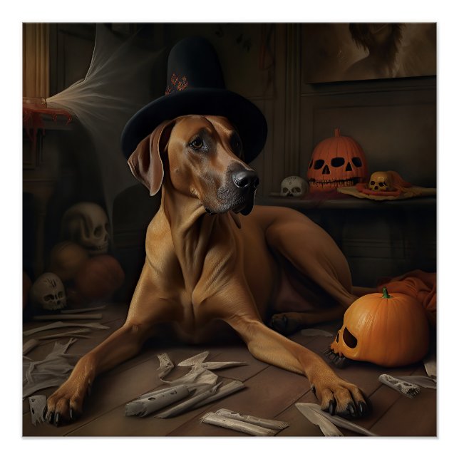 Poster Rhodesian Ridgeback Citrouilles Halloween effrayan (Devant)