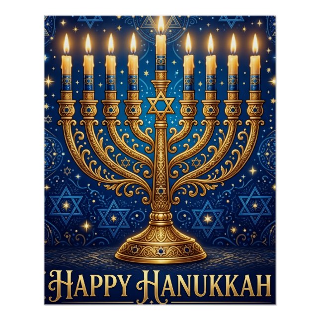 Poster Riche Hanukkah bleu et or orné de bijoux (Devant)