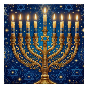 Poster Riche Hanukkah bleu et or orné de bijoux