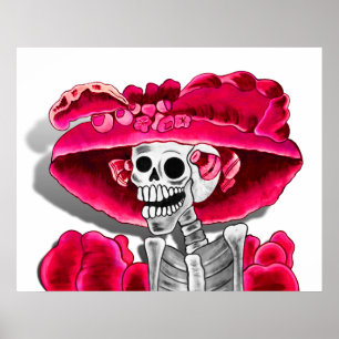 Poster Rire Skeleton Woman dans Red Bonnet