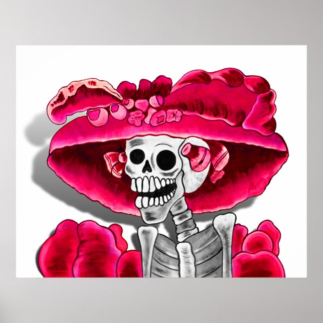 Poster Rire Skeleton Woman dans Red Bonnet (Devant)