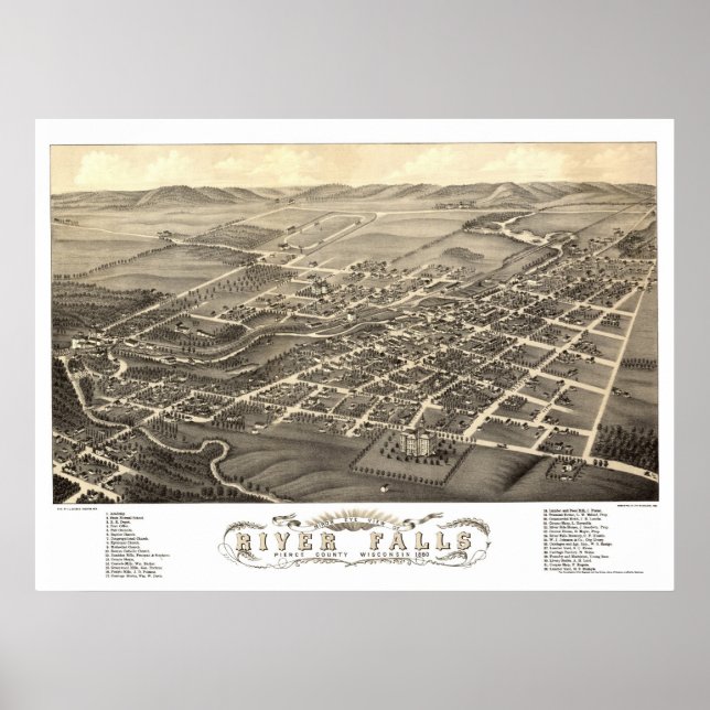 Poster River Falls, WI Carte panoramique - 1880 (Devant)