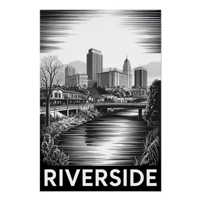Poster Riverside Californie Gravure sur bois noir et blan (Devant)