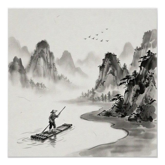 Poster Rivière Li Chine Paysage à l'encre de Chine (Devant)