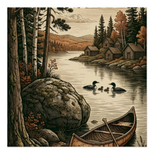 Poster Rivière paisible de la forêt de pins et nature du