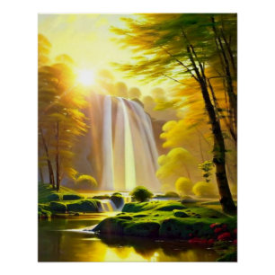 Poster Rivière Sunrise Waterfall Trees. Beau Paysage