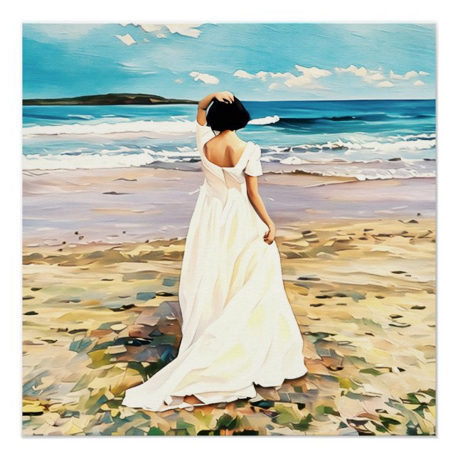 Poster Robe Blanche Marcher sur le littoral de la plage T (Devant)
