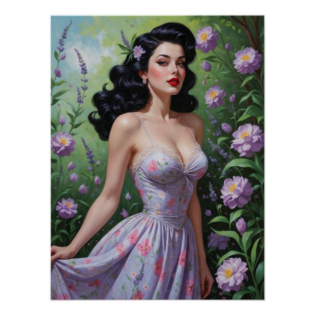 Poster Robe Florale violette Brunette Pin Up (Devant)