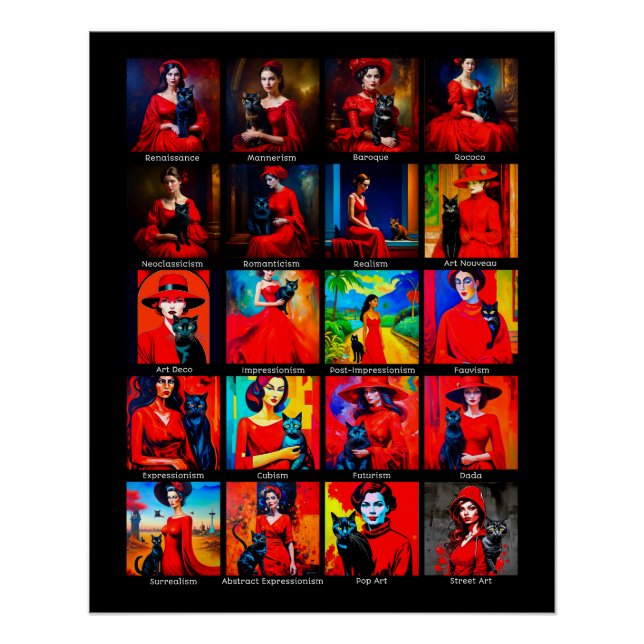 Poster Robe Rouge Modes d'Art Chat Noir (Devant)