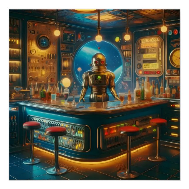Poster Robot Bartender in Interstellar Space Age Dive Bar (Devant)