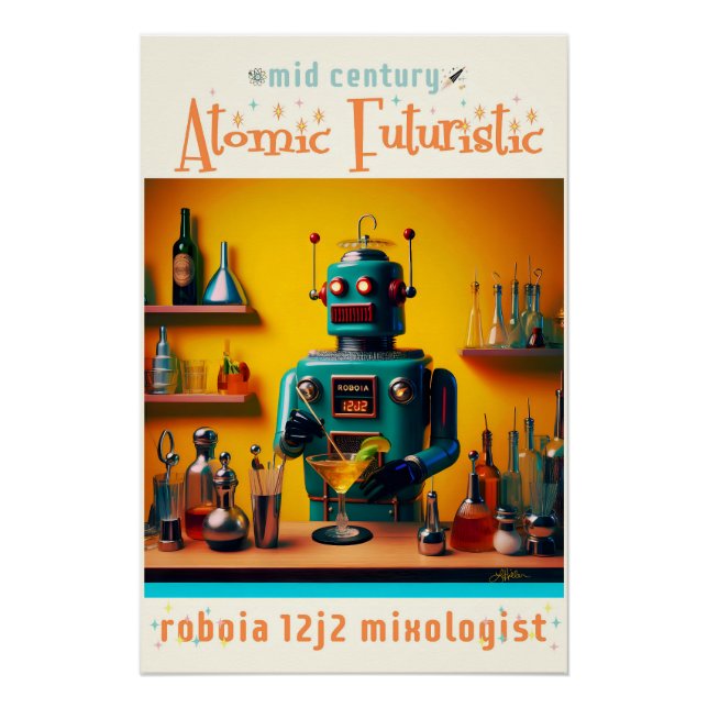 Poster Robot futuriste rétro ROBIA 12J2 Mixologue (Devant)