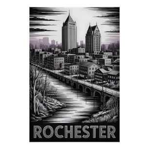 Poster Rochester New York Skyline Noir Blanc Gravure sur