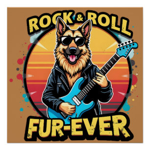 Poster Rock and Roll German Shepherd'Art Retro Sunset