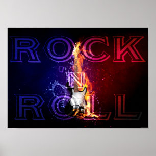 Poster Rock n Roll Fire Flaming Electric Guitar Music