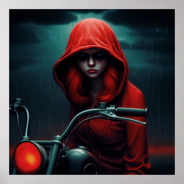 Poster Rockeuse au Chapeau Rouge en Flammes (Devant)