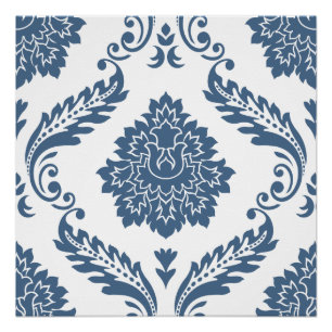 Poster Rococo Damask grand motif bleu sur blanc