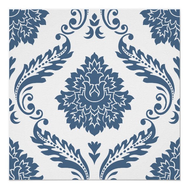 Poster Rococo Damask grand motif bleu sur blanc (Devant)