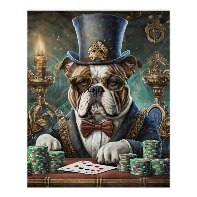 Poster Roi de la Table, Bulldog joue des cartesTissu Papi (Devant)