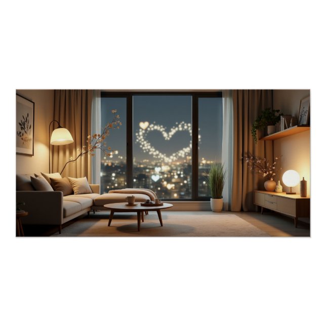 Poster Romantic City Night with Heart Lights (Devant)