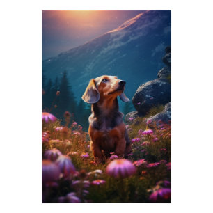 Poster Romantisme Dachshund explorant un pré