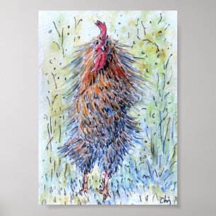 Poster Rooster amusant de peinture aquarelle