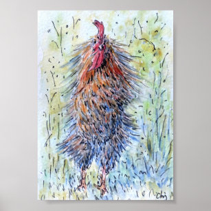 Poster Rooster amusant de peinture aquarelle