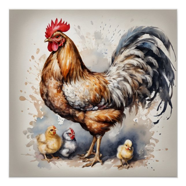 Poster Rooster d'aquarelle avec pousses no 4 (Devant)