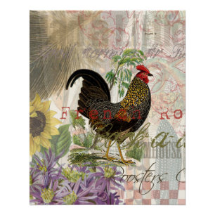 Poster Rooster vintage Français Collage Ferme Animaux dom
