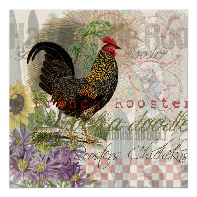 Poster Rooster vintage Français Collage Ferme Animaux dom (Devant)