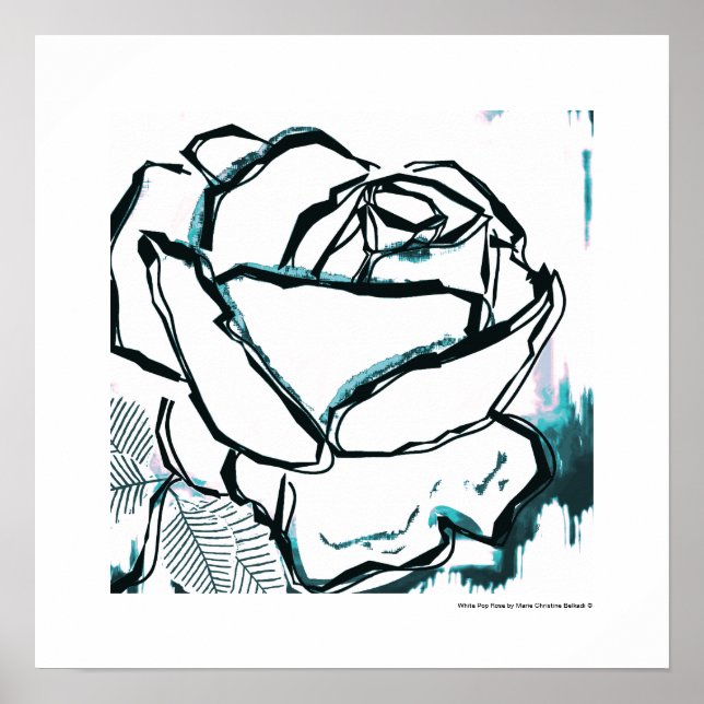 Poster Rose Aqua Rose Blanche Noir Moderne - Pop Art Fleu (Devant)