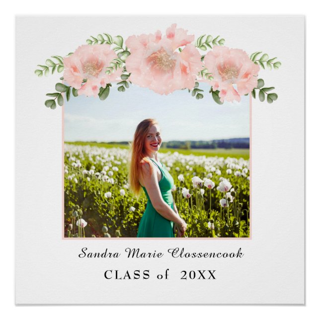 Poster Rose chic floral diplômé Blanc Promotion 2021 (Devant)