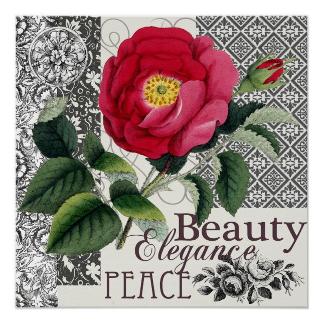 Poster Rose Damask Joli Floral Antique (Devant)