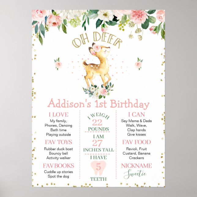 Poster rose Floral Oh Deer Anniversaire Jalon (Devant)