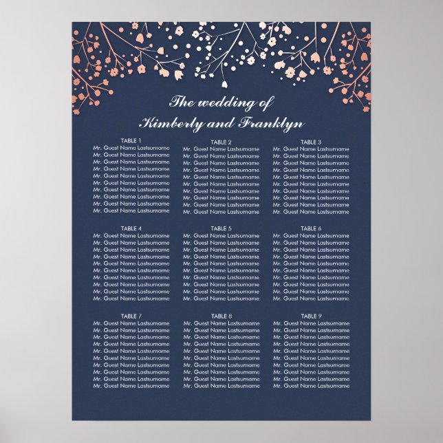 Poster Rose Gold Baby's Breath Mariage Seating Chart (Devant)